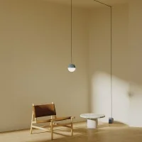 Flos String Light Sphere and floor switch blue