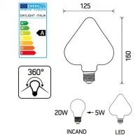 LED Curved Vintage Lamp HEART filament E27 5W 2000K 150lm Smoky